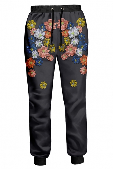 Fashionable 3D Floral Print Drawstring Waistband Leisure Pants