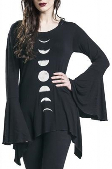 Gothic Moon Eclipse Pattern Asymmetrical Hem Bell Sleeves Hooded Tee