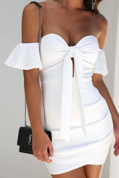 white shoulder tie dress
