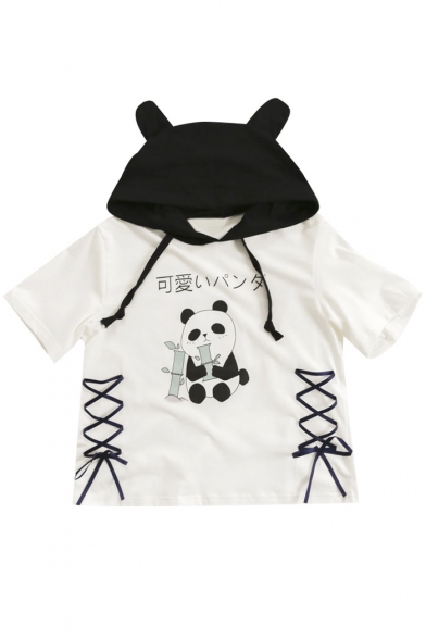 Lovely Cartoon Panda Printed Lace-Up Embellished Side Color Block Hooded Tee