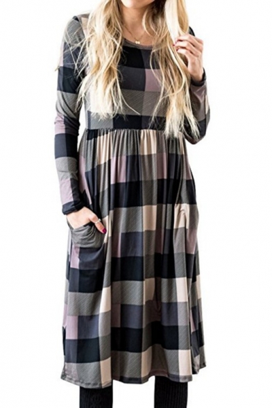 Peasant Round Neck Long Sleeves Checkered Plaids T-shirt Midi Dress with Pockets