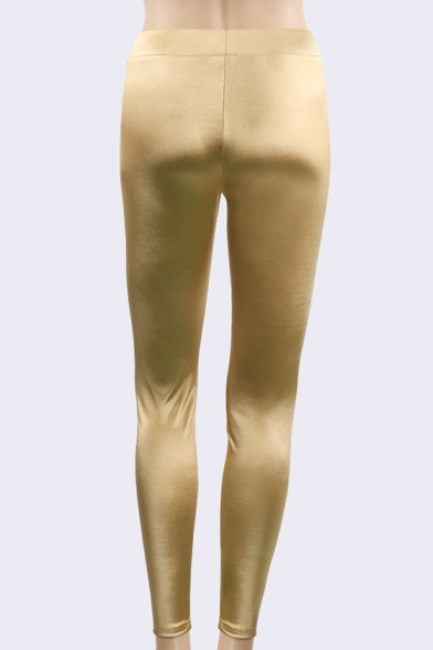Pop Fashion Elastic Waist Slim-Fit Plain Gold Leggings