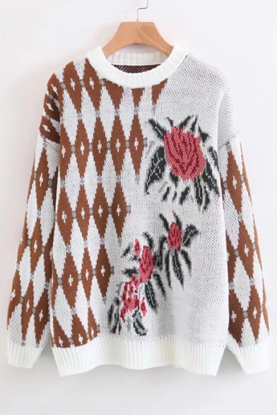 Rhombus Floral Pattern Long Sleeve Round Neck Pullover Sweater