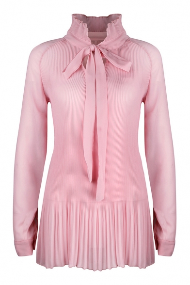 Simple Plain Bow Front Long Sleeve Pleated Tunic Blouse