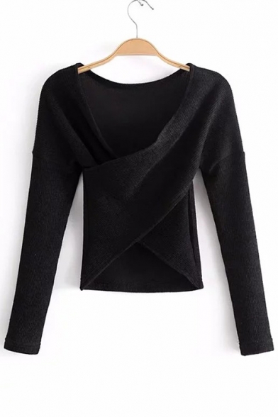 Spring Collection Off the Shoulder Wrap Front Long Sleeves Cropped Sweater