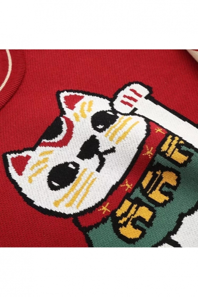 Stylish Fortune Cat Pattern Round Neck Long Sleeve Pullover Sweater