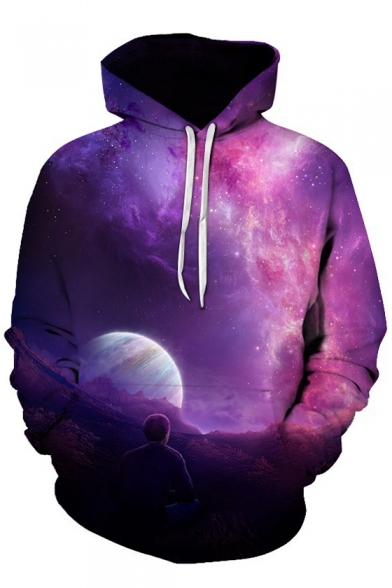 Stylish Moon Galaxy Sky Printed Long Sleeves Pullover Hoodie with Pocket