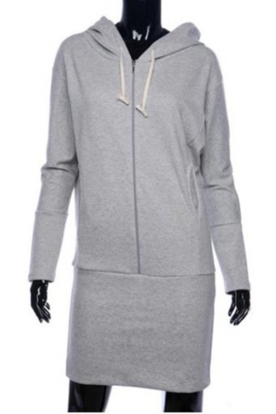 Stylish Plain Drawstring Hood Long Sleeve Zipper Hooded Dress