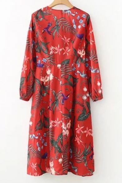 Vintage Style V-Neck Long Blouson Sleeves Floral Printed Midi Wrap Dress