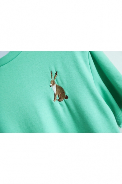Women's Fashion Rabbit Embroidery Round Neck Short Sleeves Casual Tee