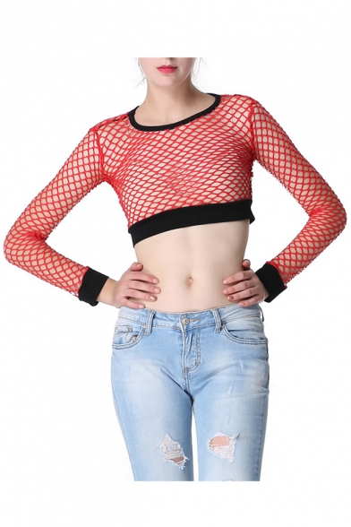Women's Fashion Round Neck Plain Fishnet Hollow Out Sexy Cropped Tee