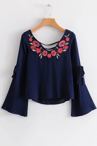 Women's Fashion V-Neck Floral Embroidered Bell Bow Sleeves Dipped Hem Blouse