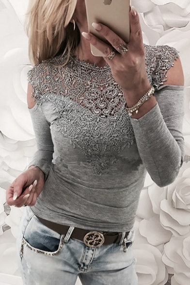 Autumn Fashion Lace Panel Patchwork Crew Neck Long Sleeves Autumn Slim-Fit Tee Top