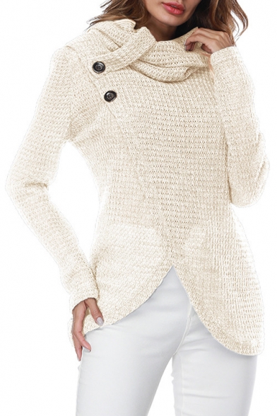 Autumn Fashion Turtleneck Button Detail Wrap Front Tulip Hem Plain Pullover Sweater