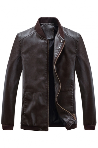 Basic Plain Faux Leather Zipper Stand-Up Collar Long Sleeve Jacket