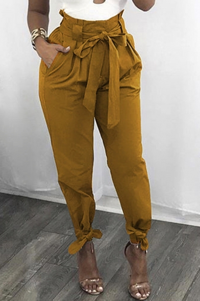 Casual Belted High Waist Bow Ankle Tapered Pants