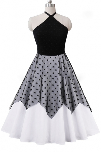 Chic Color Block Polka Dot Halter Fit & Flare Dress