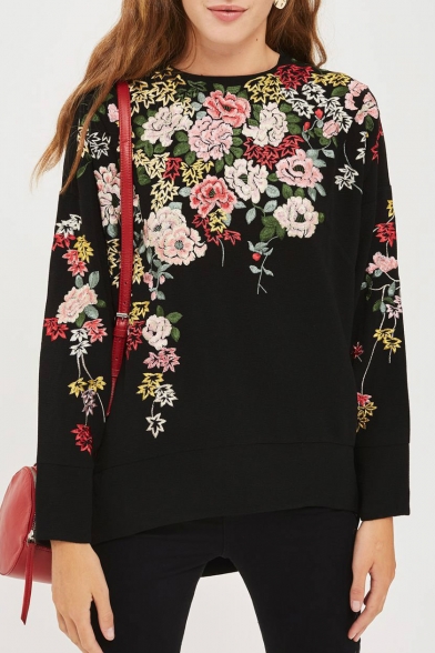 Chic Floral Embroidered Round Neck Long Sleeve Pullover Sweatshirt