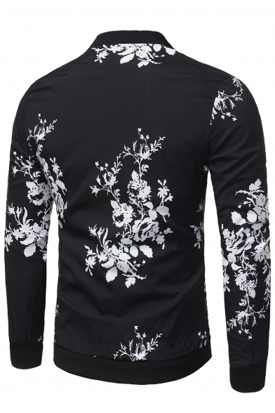 Chinese Style Floral Print Long Sleeve Zipper Stand-Up Collar Jacket