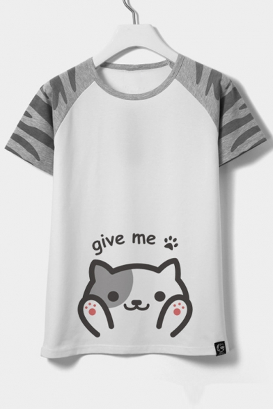 Cute Cat Cartoon Letter Color Block Round Neck Short Sleeves Casual Tee