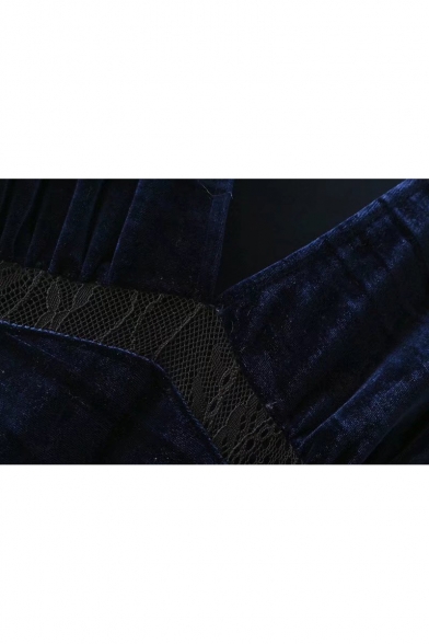 Elegant V-Neck Lace Panel Patchwork Short Sleeves Shift Mini Velvet Dress