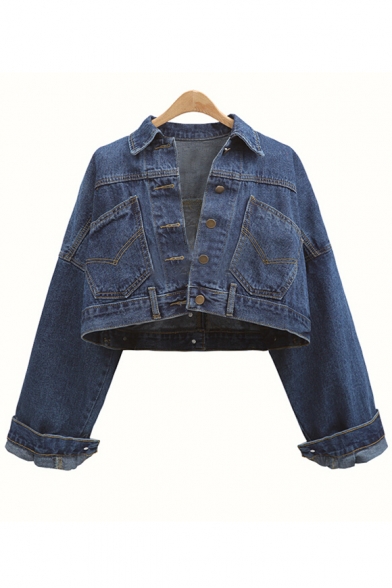 Fashionable Lapel Long Sleeves Button Down Dark Wash Cropped Denim Jacket with Pockets