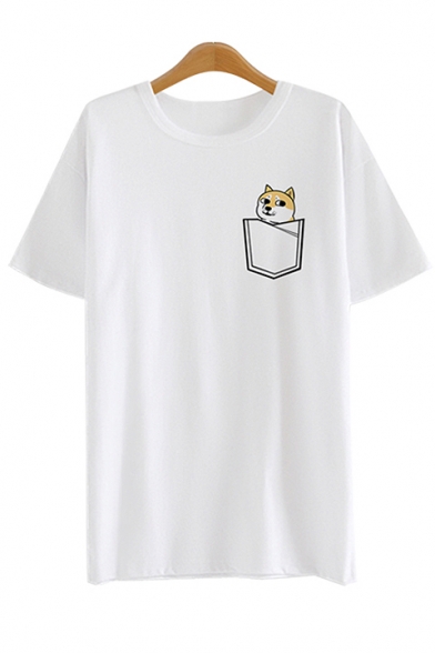 Funny Doge Dog Printed Fake Pocket Round Neck Short Sleeves Summer T-shirt