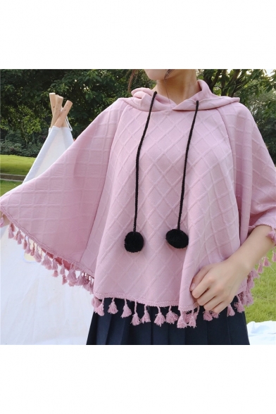 Girly Plain Loose 3/4 Sleeves Pullover Hooded Cape Trimmed with Pompoms