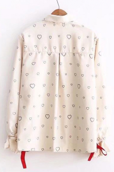 Letter Embroidered Detail Pocket Heart Pattern Printed Lapel Collar Long Sleeve Shirt
