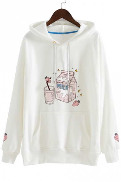 Popular Milk Drink Strawberry Printed Long Sleeves Pullover Hoodie with Pocket