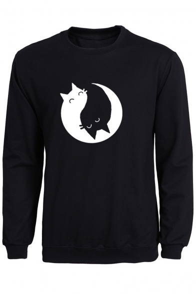 Popular Monochrome Cat Tai Chi Pattern Long Sleeves Pullover Sweatshirt