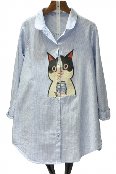 Trendy Cartoon Cat Embroidered Striped Pattern Lapel Long Sleeve Tunic Shirt