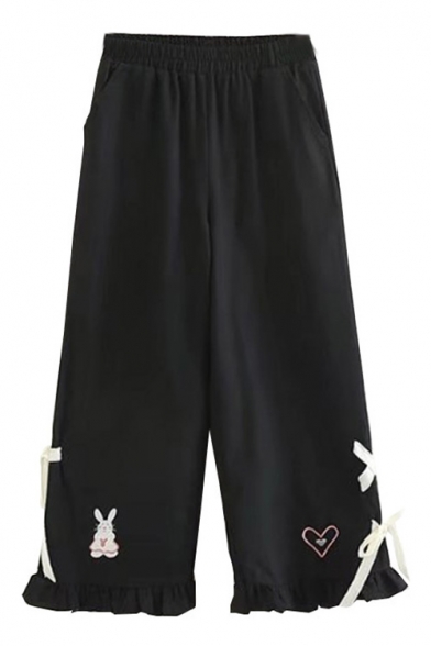 Trendy Embroidery Cartoon Rabbit Print Ruffle Trim Elastic Waist Wide Leg Pants