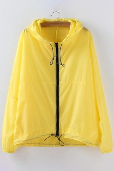 Trendy Plain Drawstring Waist Long Sleeves Zippered Hooded Trench Coat