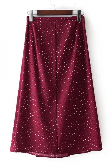Trendy Polka Dotted Drawstring Waist Wrap Midi Skirt with Buttons