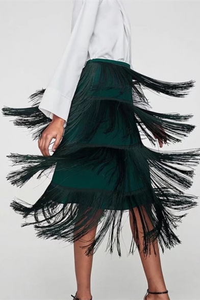 Trendy Tassel Embellished High Waist Midi Zip-Side Layered Tiered Skirt