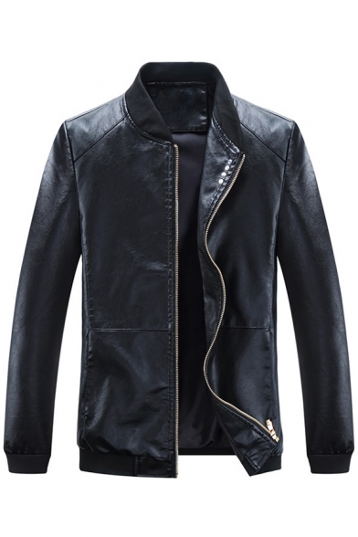 Basic Plain Faux Leather Zipper Stand-Up Collar Long Sleeve Jacket