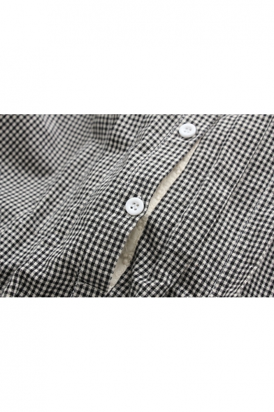 Casual Gingham Plaids Pattern Point Collar Long Sleeves Tunic Shirt with Buttons