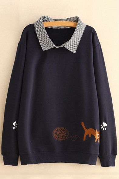 Cat Embroidered Layer Lapel Collar Long Sleeve Pullover Sweatshirt
