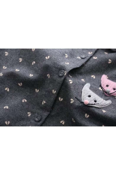 Chic Cat Applique Embellished Polka Dotted Lapel Long Sleeves Button Down Tunic Shirt
