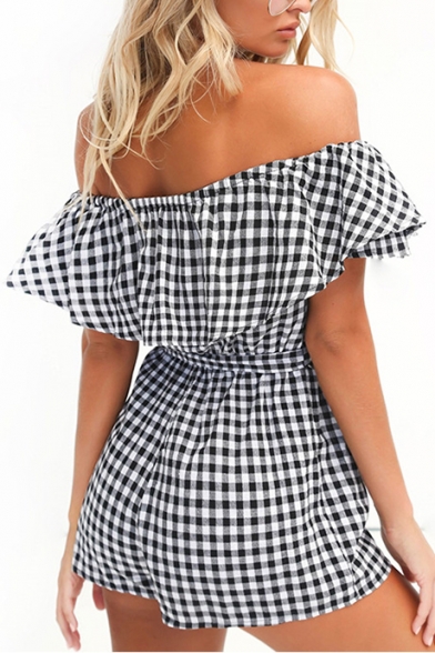 Chic Off the Shoulder Gingham Plaids Ruffle Detail Belted Wide Leg Romper