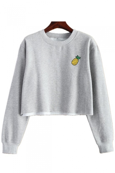 Chic Pineapple Embroidered Round Neck Long Sleeves Pullover Cropped Sweatshirt