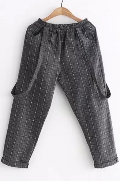 

Classic Plaid Print Elastic Waistband Leisure Overall Pants, Black;khaki, LC463435