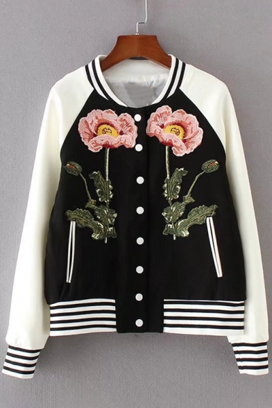 Elegant Floral Embroidery Striped Trimmed Button Down Baseball Jacket with Pockets