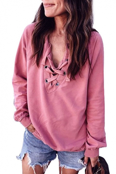 Fancy Plain Attached Lacing Front V-Neck Long Sleeves Pullover Sweatshirt