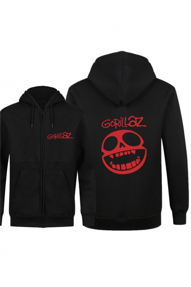 Fancy Smiling Skull Letter Printed Long Sleeves Zippered Hoodie with Pockets