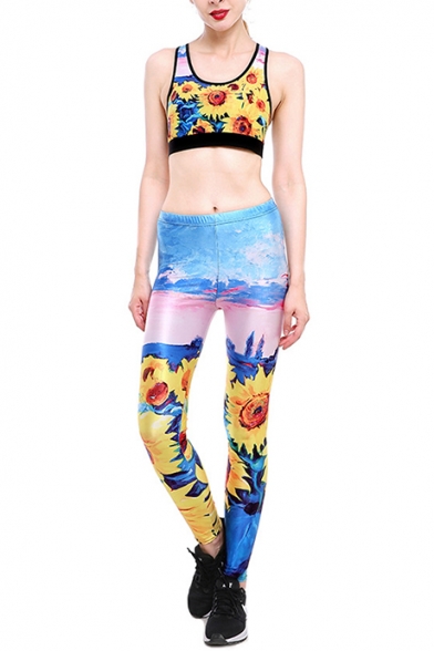 Fancy Sunflower Oil-Painting Printed Scoop Neck Cropped Tank with High Waist Workout Pants
