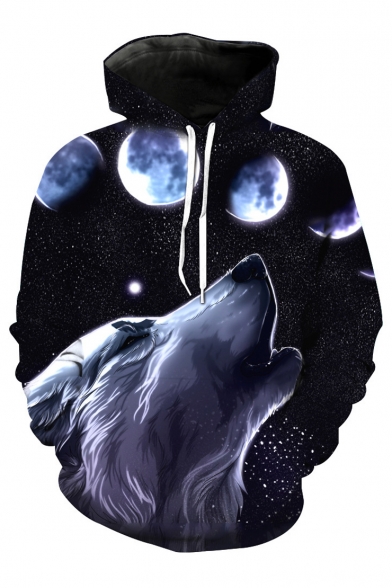 Fashionable Wolf Moon Galaxy Printed Long Sleeves Pullover Hoodie with Pocket