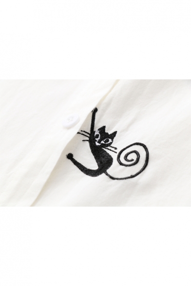 Funny Embroidery Cat Pattern Long Sleeve Lapel Button Down Shirt