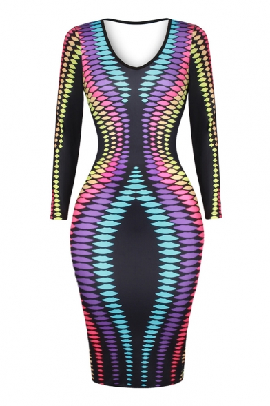 Hot Plunge Neck Long Sleeves Geometric Pattern Bodycon Midi Dress